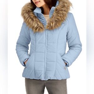 MARALYN & ME Light Blue Quilted Puffer Jacket with Faux-Fur Hood Trim